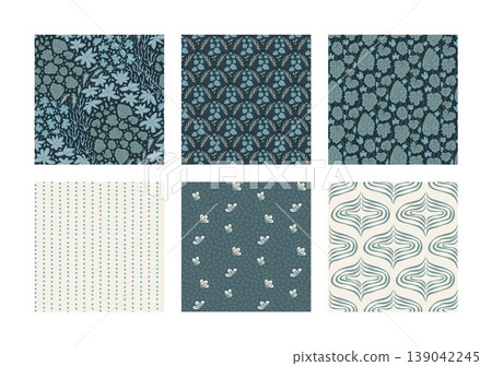 Seamless patterns with leaves and flower bed in a dark blue garden. Ogee and harlequin plant motifs in green as a vector surface set for wallpaper. Botanical leaves with flower and grid in cool tones 139042245