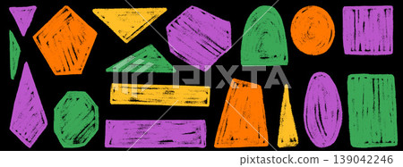 Colorful crayon shapes on black with brush and grunge texture. Bold crayon sticker collection in purple, orange and green with frame. Handmade vector shape set for text box and geometric design 139042246