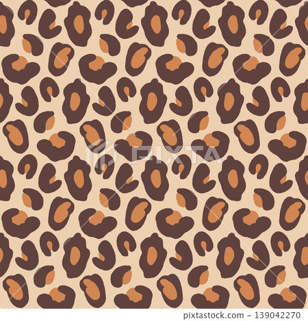 Leopard fur seamless pattern or panther print in brown and beige skin. Classic spot and rosette in trendy leopard vector for apparel. Organic fur motif with cheetah print in warm tropical texture 139042270