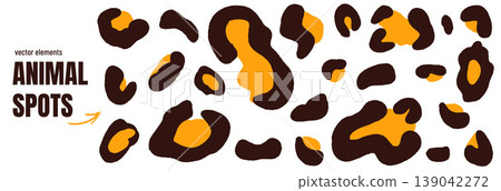 Cheetah spot animal fur in flat brown and yellow for trendy print. Bold cheetah pattern with leopard and panther skin as a vector set. Jaguar marks with organic shapes for fashion and apparel design Cheetah spot animal fur in flat brown and yellow for trendy print. Bold cheetah pattern with leopard and panther skin as a vector set. Jaguar marks with organic shapes for fashion and apparel design 139042272