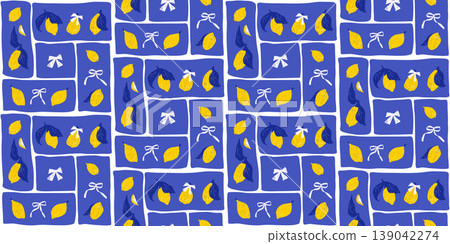 Lemons, bows coquette seamless pattern. Patchwork fruit summer endless background. Summer repeat ornament. Surface pattern design italian mediterranean motif. Vector hand drawn citrus illustration 139042274