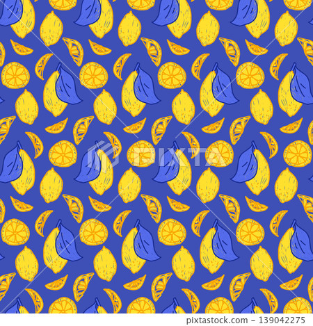 Lemons blue and yellow seamless pattern. Summer fruit crayon pencils design for textiles. Mediterranean-inspired endless print with citrus lemon and leaves. Vector seamless beige background Lemons blue and yellow seamless pattern. Summer fruit crayon pencils design for textiles. Mediterranean-inspired endless print with citrus lemon and leaves. Vector seamless beige background 139042275