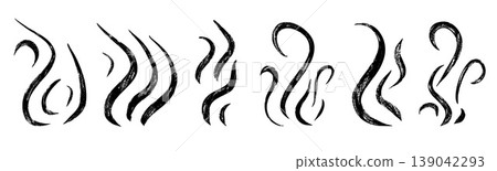 Charcoal brush steam, smoke doodle set. Hand-drawn steam waves, aroma lines, perfect for coffee, cooking, hot food illustration. Collection of fume, flame or cloud air silhouette. Vector sketch Charcoal brush steam, smoke doodle set. Hand-drawn steam waves, aroma lines, perfect for coffee, cooking, hot food illustration. Collection of fume, flame or cloud air silhouette. Vector sketch 139042293