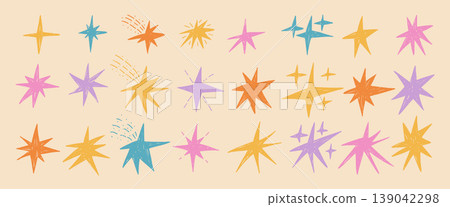 Funky multi color pastel hand drawn stars. Crayon twinkles sparks set. Pencil scribble magic twinkles. Kids collage stickers blinks. Christmas yellow, purple decoration. Vector asterisk isolated Funky multi color pastel hand drawn stars. Crayon twinkles sparks set. Pencil scribble magic twinkles. Kids collage stickers blinks. Christmas yellow, purple decoration. Vector asterisk isolated 139042298