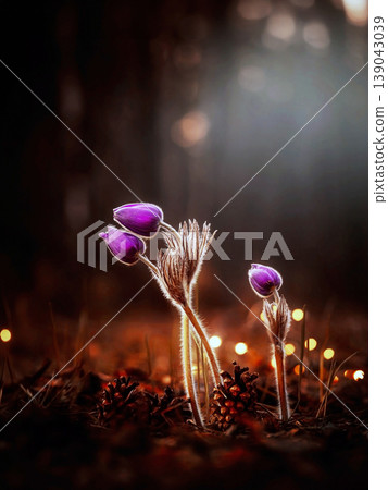 Pulsatilla pasqueflower blooming in spring forest light Pulsatilla pasqueflower blooming in spring forest light 139043039