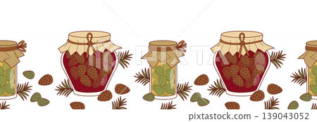 Seamless Border with Pine Cone Jam Jars on White Background. Ribbon With Glass Bottles Of Ruby Red Mugolio And Golden Syrup. Botanical Horizontal Washi Tape. Vector Illustration. Website Header. Seamless Border with Pine Cone Jam Jars on White Background. Ribbon With Glass Bottles Of Ruby Red Mugolio And Golden Syrup. Botanical Horizontal Washi Tape. Vector Illustration. Website Header. 139043052