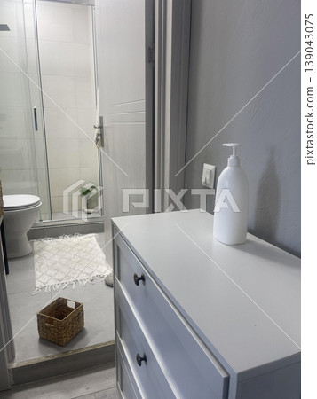 bathroom with basket on the floor bathroom with basket on the floor 139043075
