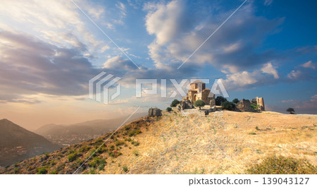 Aerial view of Jvari clifftop orthodox monastery in Mtskheta Georgia. Summer sunny day.  139043127