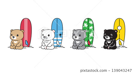 Bear polar cartoon icon sitting surfboard surf sport beach ocean summer vector doll character symbol teddy illustration isolated design 139043247