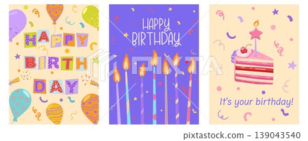 Birthday greeting cards set with candles, cake slice, balloons, confetti. Colorful celebration posters with lettering quotes for invitation, party banner, print ready design Birthday greeting cards set with candles, cake slice, balloons, confetti. Colorful celebration posters with lettering quotes for invitation, party banner, print ready design 139043540
