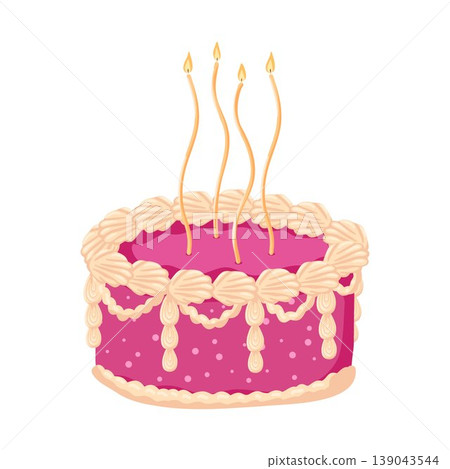 Birthday cake with burning candles. Sweet bakery dessert decorated in retro style. Pink cake with cream for celebration design. Vector illustration isolated on white for postcard, sticker, web Birthday cake with burning candles. Sweet bakery dessert decorated in retro style. Pink cake with cream for celebration design. Vector illustration isolated on white for postcard, sticker, web 139043544