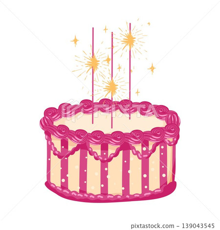 Birthday cake with burning sparkles. Sweet bakery dessert decorated in retro style. Pink cake with cream for celebration design. Vector illustration isolated on white for postcard, sticker, web Birthday cake with burning sparkles. Sweet bakery dessert decorated in retro style. Pink cake with cream for celebration design. Vector illustration isolated on white for postcard, sticker, web 139043545