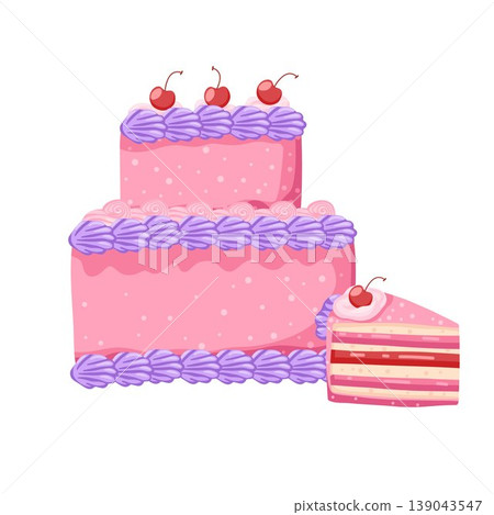 Birthday two-tier cherry cake. Sweet bakery dessert decorated in retro style. A piece of cake with layers for celebration design. Vector illustration isolated on white for postcard, sticker, web Birthday two-tier cherry cake. Sweet bakery dessert decorated in retro style. A piece of cake with layers for celebration design. Vector illustration isolated on white for postcard, sticker, web 139043547