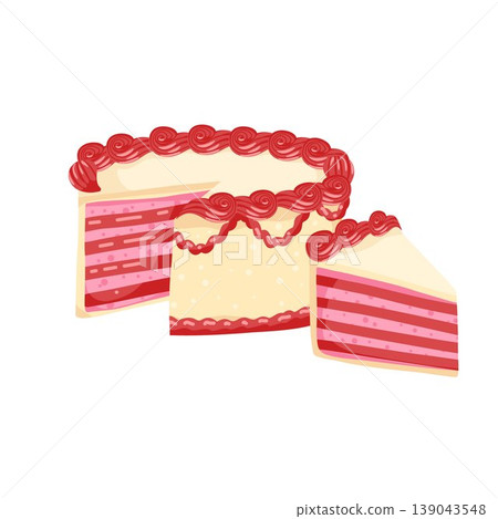 Birthday cake and a slice of cake. Sweet bakery dessert decorated in retro style. A piece of cake with cream layers for celebration design. Vector illustration isolated on white for postcard, sticker 139043548