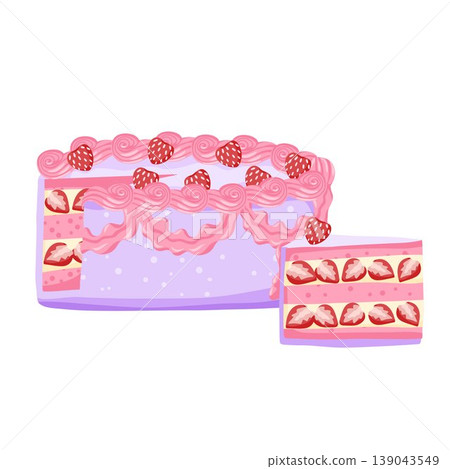 Birthday strawberry cake. Sweet bakery dessert decorated in retro style. A piece of cake with pink cream for celebration design. Vector illustration isolated on white for postcard, sticker, web Birthday strawberry cake. Sweet bakery dessert decorated in retro style. A piece of cake with pink cream for celebration design. Vector illustration isolated on white for postcard, sticker, web 139043549