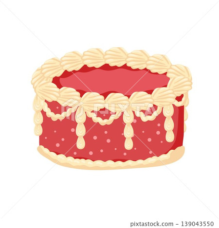 Birthday cake with red frosting. Sweet bakery dessert decorated in retro style. Cartoon cake with cream for celebration design. Vector illustration isolated on white for postcard, sticker, web 139043550