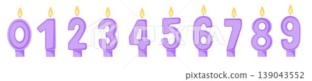 Birthday candles numbers for cake decoration. Purple hand drawn burning candle numbers isolated on white background. Anniversary celebration party decor vector elements for design, sticker, print Birthday candles numbers for cake decoration. Purple hand drawn burning candle numbers isolated on white background. Anniversary celebration party decor vector elements for design, sticker, print 139043552