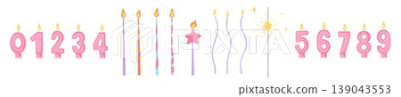 Birthday candles for cake decoration. Simple hand drawn burning candle numbers, star, sparkle on white background. Anniversary celebration party decor vector elements for design, sticker, print, web Birthday candles for cake decoration. Simple hand drawn burning candle numbers, star, sparkle on white background. Anniversary celebration party decor vector elements for design, sticker, print, web 139043553