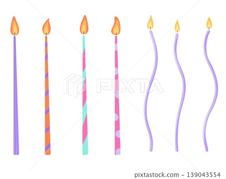 Birthday candles for cake decoration. Simple hand drawn burning striped, spotted candles set on white background. Anniversary celebration party decor vector elements for design, sticker, print, web 139043554