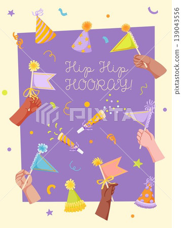 Happy Birthday card with party hats, flags in hands and confetti. Festive template with text for kids party invitation, greeting poster and celebration banner 139043556