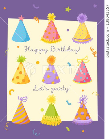 Happy Birthday card with vintage party hats and confetti. Festive template with text for kids party invitation, greeting poster and celebration banner Happy Birthday card with vintage party hats and confetti. Festive template with text for kids party invitation, greeting poster and celebration banner 139043557