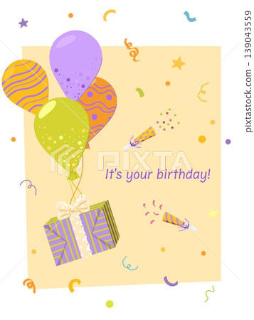 Happy Birthday card with flying balloons, gift box and confetti. Festive template with text for kids party invitation, greeting poster and celebration banner 139043559