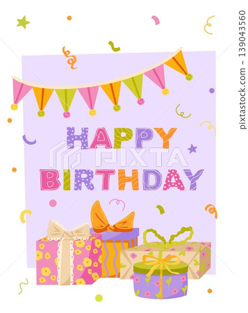 Happy Birthday greeting card with retro wrapped gift boxes and confetti. Festive template with text for kids party invitation, greeting poster and celebration banner Happy Birthday greeting card with retro wrapped gift boxes and confetti. Festive template with text for kids party invitation, greeting poster and celebration banner 139043560