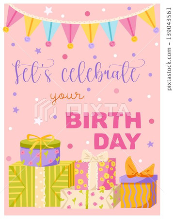 Happy Birthday greeting card with retro wrapped gift boxes and confetti. Festive template with text for kids party invitation, greeting poster and celebration banner Happy Birthday greeting card with retro wrapped gift boxes and confetti. Festive template with text for kids party invitation, greeting poster and celebration banner 139043561