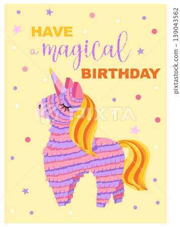 Unicorn birthday greeting card. Hand drawn vector pinata illustration. Magic posters with colorful toy. Cute printable postcard with lettering for children celebration, party invitation 139043562