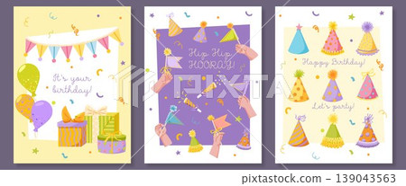 Cartoon Happy Birthday card collection with balloons, presents, party hats and confetti. Festive templates set with lettering for kids party invitation, greeting poster and celebration banner Cartoon Happy Birthday card collection with balloons, presents, party hats and confetti. Festive templates set with lettering for kids party invitation, greeting poster and celebration banner 139043563