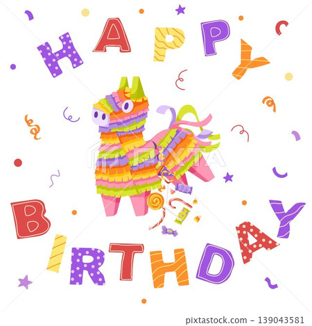 Pinata Happy Birthday greeting card. Hand drawn vector illustration. Poster with broken horse toy and candies. Cute printable postcard with cut out letters for children celebration, party invitation Pinata Happy Birthday greeting card. Hand drawn vector illustration. Poster with broken horse toy and candies. Cute printable postcard with cut out letters for children celebration, party invitation 139043581