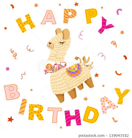 Llama pinata Happy Birthday greeting card. Hand drawn vector illustration. Poster with broken toy and candies. Cute printable postcard with cut out letters for children celebration, party invitation Llama pinata Happy Birthday greeting card. Hand drawn vector illustration. Poster with broken toy and candies. Cute printable postcard with cut out letters for children celebration, party invitation 139043582