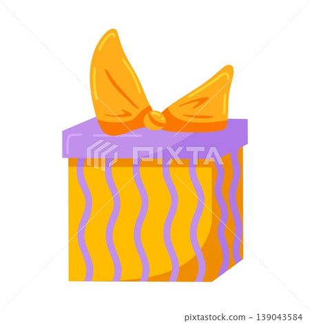 Gift box isolated on white. Festive holiday surprise package in retro striped paper wrapping, tied orange bow. Wrapped present for birthday party. Flat vector illustration for sticker, web, print Gift box isolated on white. Festive holiday surprise package in retro striped paper wrapping, tied orange bow. Wrapped present for birthday party. Flat vector illustration for sticker, web, print 139043584