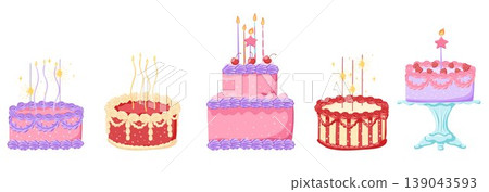 Cartoon birthday cake set with burning candles and party sparklers. Sweet layered desserts with cream icing and vintage decorative details for celebration design Cartoon birthday cake set with burning candles and party sparklers. Sweet layered desserts with cream icing and vintage decorative details for celebration design 139043593
