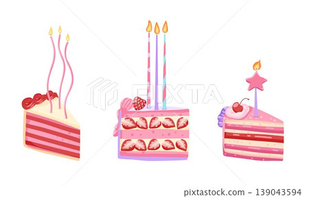 Birthday cakes slices with candles set. Cherry, strawberry bakery dessert. Cakes pieces with pink cream icing for celebration design. Vector illustration isolated on white for postcards, stickers Birthday cakes slices with candles set. Cherry, strawberry bakery dessert. Cakes pieces with pink cream icing for celebration design. Vector illustration isolated on white for postcards, stickers 139043594