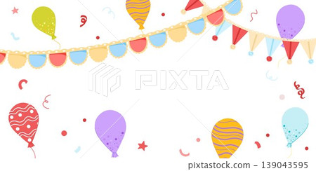 Celebration party horizontal banner with bunting, balloons, confetti. Festive vintage greeting design with blank copy space. Vector hand drawn illustration for web, sale, shop opening Celebration party horizontal banner with bunting, balloons, confetti. Festive vintage greeting design with blank copy space. Vector hand drawn illustration for web, sale, shop opening 139043595