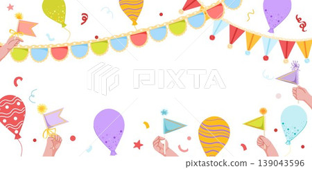 Hands waving with festive flags, party decorations, balloons, confetti. Horizontal banner with empty copy space. Hand drawn celebration elements for invitations, event banners, posters, ads Hands waving with festive flags, party decorations, balloons, confetti. Horizontal banner with empty copy space. Hand drawn celebration elements for invitations, event banners, posters, ads 139043596