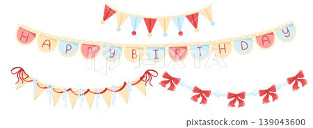 Vintage party garland with flags, pastel colored pennants and bunting. Isolated retro celebration elements for invitations, greeting cards, event banners, scrapbooking, stickers, printable designs Vintage party garland with flags, pastel colored pennants and bunting. Isolated retro celebration elements for invitations, greeting cards, event banners, scrapbooking, stickers, printable designs 139043600