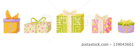 Vintage gift boxes set with ribbons and bows isolated on white. Pastel colored wrapped present collection for birthday, holiday sale, greeting cards, packaging design, stickers, scrapbooking Vintage gift boxes set with ribbons and bows isolated on white. Pastel colored wrapped present collection for birthday, holiday sale, greeting cards, packaging design, stickers, scrapbooking 139043601