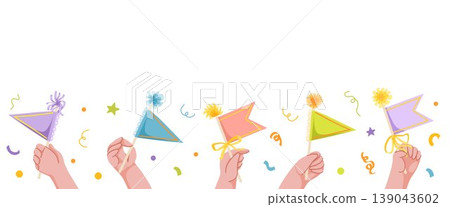 Hands waving with festive flags and party decorations with confetti. Horizontal banner with empty copy space. Hand drawn celebration elements for invitations, event banners, posters, ads Hands waving with festive flags and party decorations with confetti. Horizontal banner with empty copy space. Hand drawn celebration elements for invitations, event banners, posters, ads 139043602