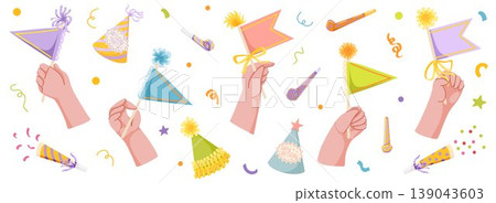 Hands holding festive flags and party decorations with confetti and birthday hats. Hand drawn celebration elements set for invitations, event banners, greeting card, planner, sticker, scrapbook design Hands holding festive flags and party decorations with confetti and birthday hats. Hand drawn celebration elements set for invitations, event banners, greeting card, planner, sticker, scrapbook design 139043603