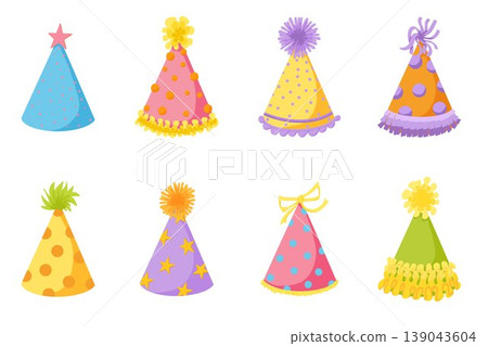 Party hat set. Birthday hat vector clipart collection. Cartoon retro hand drawn illustration. 50s, 60s. Cute celebration cone caps with pompons and bows. Festive paper cap for stickers, web, cards 139043604