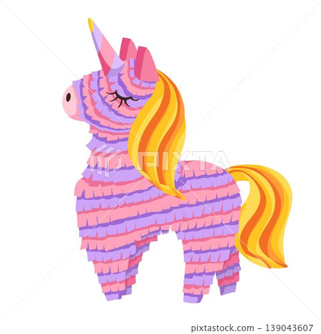Cartoon unicorn pinata. Colorful paper toy in shape of magic horse. Traditional candy surprise decoration for girl's birthday party, fiesta, carnival. Hand drawn vector illustration for sticker, print Cartoon unicorn pinata. Colorful paper toy in shape of magic horse. Traditional candy surprise decoration for girl's birthday party, fiesta, carnival. Hand drawn vector illustration for sticker, print 139043607