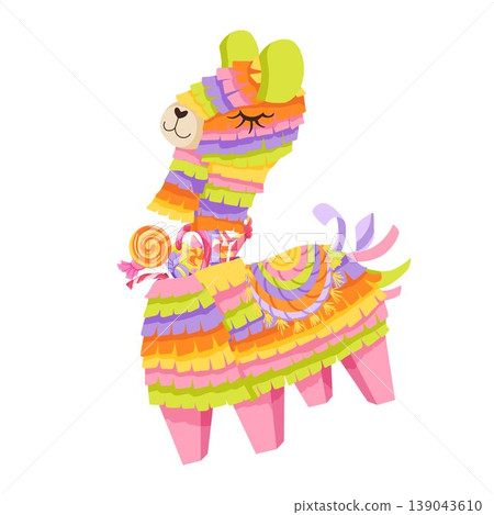 Mexican cartoon pinata. Colorful broken paper toy in shape of llama or alpaca with candies inside. Traditional hand made candy surprise decoration for child's birthday party, fiesta, carnival Mexican cartoon pinata. Colorful broken paper toy in shape of llama or alpaca with candies inside. Traditional hand made candy surprise decoration for child's birthday party, fiesta, carnival 139043610