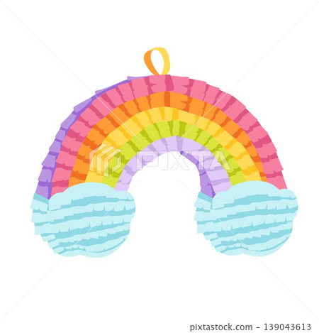 Cartoon rainbow pinata. Colorful hand made paper toy with rainbow and clouds. Traditional candy surprise decoration for party, fiesta, carnival. Hand drawn vector illustration for sticker, print, web Cartoon rainbow pinata. Colorful hand made paper toy with rainbow and clouds. Traditional candy surprise decoration for party, fiesta, carnival. Hand drawn vector illustration for sticker, print, web 139043613