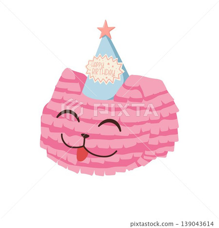 Cartoon cat pinata. Colorful paper kitten toy with birthday hat. Traditional candy surprise decoration for party, fiesta and carnival. Hand drawn vector illustration for sticker, print, web Cartoon cat pinata. Colorful paper kitten toy with birthday hat. Traditional candy surprise decoration for party, fiesta and carnival. Hand drawn vector illustration for sticker, print, web 139043614