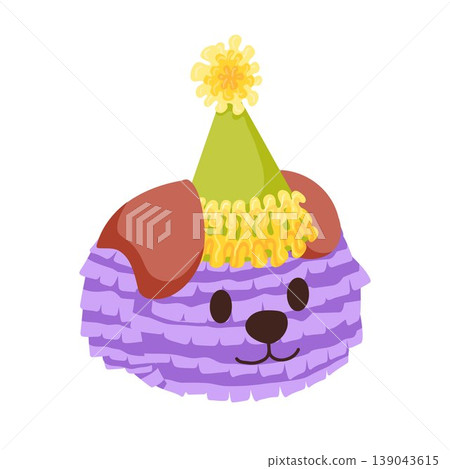 Cartoon dog pinata. Colorful paper puppy toy with birthday hat. Traditional candy surprise decoration for party, fiesta and carnival. Hand drawn vector illustration for sticker, print Cartoon dog pinata. Colorful paper puppy toy with birthday hat. Traditional candy surprise decoration for party, fiesta and carnival. Hand drawn vector illustration for sticker, print 139043615