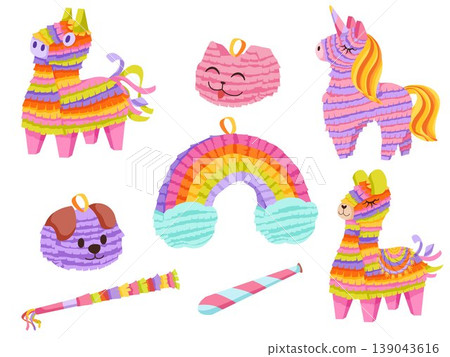 Pinata set for birthday party, Mexican holiday and carnival. Funny crepe paper toys in shapes of llama, unicorn, horse, rainbow, cat and dog. Vector cartoon hand drawn icons isolated on white Pinata set for birthday party, Mexican holiday and carnival. Funny crepe paper toys in shapes of llama, unicorn, horse, rainbow, cat and dog. Vector cartoon hand drawn icons isolated on white 139043616