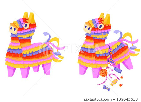 Mexican pinata cartoon set. Colorful whole and broken paper toys in shapes of llama or horse with candies inside. Traditional candy surprise decoration for birthday party, fiesta, carnival. Mexican pinata cartoon set. Colorful whole and broken paper toys in shapes of llama or horse with candies inside. Traditional candy surprise decoration for birthday party, fiesta, carnival. 139043618