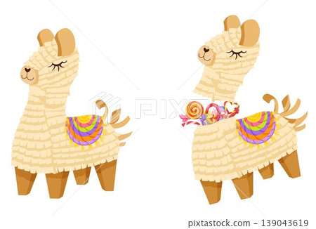 Llama pinata set. Cartoon hand drawn whole and broken paper toys in shapes of alpaca with candies inside. Traditional candy surprise hand made decoration for birthday party, fiesta, carnival Llama pinata set. Cartoon hand drawn whole and broken paper toys in shapes of alpaca with candies inside. Traditional candy surprise hand made decoration for birthday party, fiesta, carnival 139043619